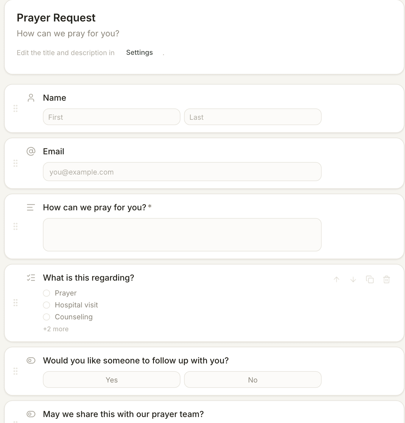 The Forms for Church builder canvas showing sample Prayer Request fields